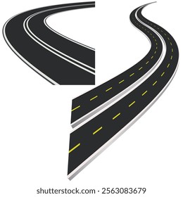 Winding road. Journey traffic curved highway. Road to horizon in perspective. Winding asphalt empty line isolated vector concept