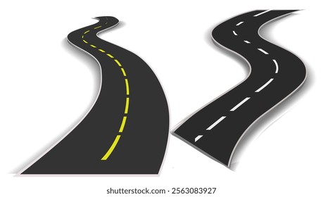 Winding road. Journey traffic curved highway. Road to horizon in perspective. Winding asphalt empty line isolated vector concept