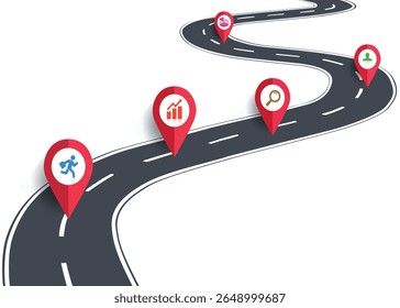 Winding road. Journey traffic curved highway. Road to horizon in perspective. Winding asphalt empty line isolated vector concept.