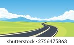 Winding Road Landscape, Cartoon Vector Illustration. Scenic Highway Through Green Hills with Blue Mountains and Clouds. Summer Countryside Square Background. Curved Asphalt Road Perspective