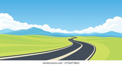 Winding Road Landscape, Cartoon Vector Illustration. Scenic Highway Through Green Hills with Blue Mountains and Clouds. Summer Countryside Square Background. Curved Asphalt Road Perspective