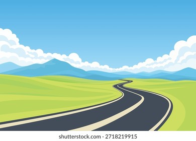Paisagem de estrada sinuosa, Ilustração de vetor. Rodovia Cênica Através de Green Hills com Montanhas Azuis e Nuvens. Summer Countryside. Perspectiva Da Estrada Em Asfalto Curvo. Faixa de Viagem