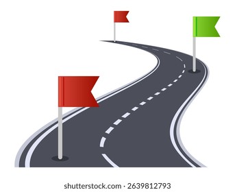 Winding road is leading to different checkpoints marked with red and green flags symbolizing the path to success, achievement of goals and overcoming challenges