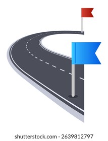 Winding road leading to different destinations marked with red and blue flags, symbolizing choices, strategy, and planning in achieving goals