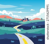 Winding road leading to small town with green hills and blue sky yellow lines white clouds cute cartoon puppy with orange and white fur sitting and smiling vector art illustration design template.