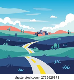 Winding road leading to small town with green hills and blue sky yellow lines white clouds cute cartoon puppy with orange and white fur sitting and smiling vector art illustration design template.