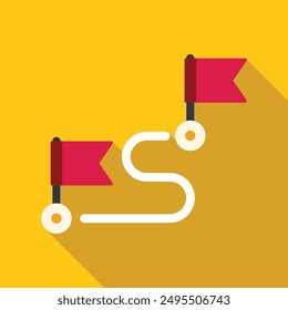 Winding road leading to success marked by red flags, concept of business journey and achieving goals