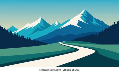 Camino sinuoso que conduce hacia los majestuosos Alpes, rodeado de exuberante vegetación y distantes picos nevados. Ilustración vectorial plana