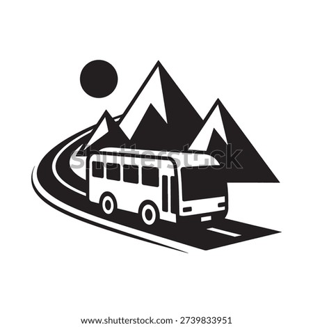 A winding road leads a bus through a mountain landscape with a setting sun