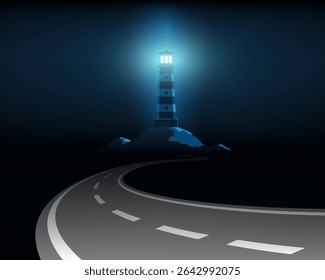 Winding road leads to the light of the lighthouse. Vector illustration