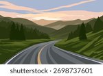 A winding road leads through green mountains during sunset. Soft hues fill the sky, while dense trees and vibrant foliage frame the landscape, creating a peaceful rural scene