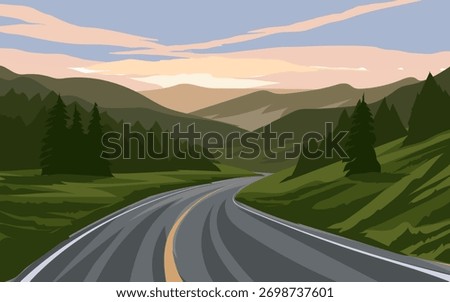 A winding road leads through green mountains during sunset. Soft hues fill the sky, while dense trees and vibrant foliage frame the landscape, creating a peaceful rural scene