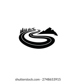A winding road leads through mountainous terrain and evergreen forests
