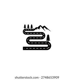A winding road leads through mountains and a forest landscape