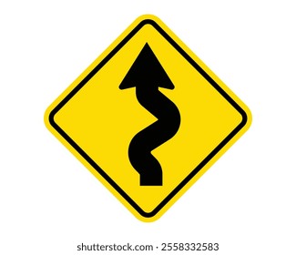 Winding Road Left Ahead Warning Sign Featuring a Yellow Diamond Shape with Black Curved Arrow, Indicating Multiple Left Turns, Available as a Vector File