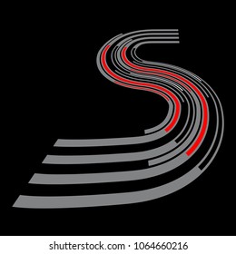 Winding road line. S-shaped striped design element on black background. Vector art. 