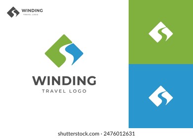 winding road logo icon design with square and creek graphic idea for direction travel logo concept