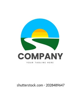Winding road logo with sunrise background