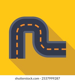 Winding road making a u turn with dashed lines on yellow background
