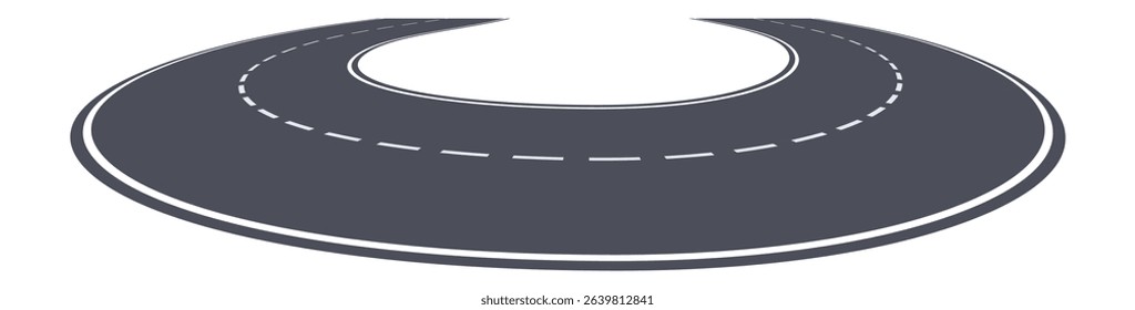 Winding road making a u turn with dashed lines marking the center of the road, representing a change of direction, return, or roundabout way, isolated on a white background