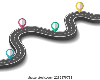 Winding road map for journey. Location pins. Transport speedway. Asphalt highway track. Success or progress curve way for timeline infographic. Vector current car transportation background