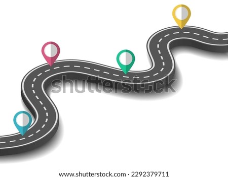 Winding road map for journey. Location pins. Transport speedway. Asphalt highway track. Success or progress curve way for timeline infographic. Vector current car transportation background