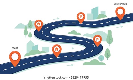 Winding Road Map from Start to Destination with Location Pins and Travel Stops