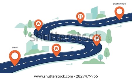 Winding Road Map from Start to Destination with Location Pins and Travel Stops