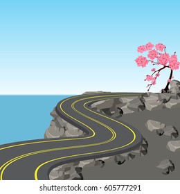 A winding road with markings among rocks and stones. Blossoming cherry tree. Sakura. View in perspective. Vector illustration