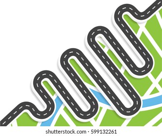 A winding road with markings. Top view with shadow. It is located diagonally. Local map. Vector illustration