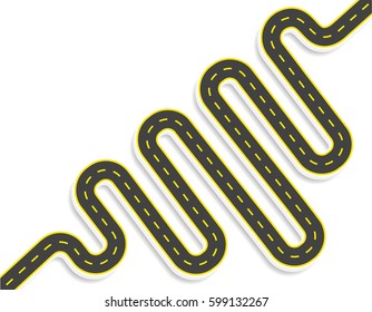 A winding road with markings. Top view with shadow. It is located diagonally. Vector illustration