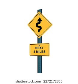 Winding road and next four miles signs. yellow board sign road sign transportation sign