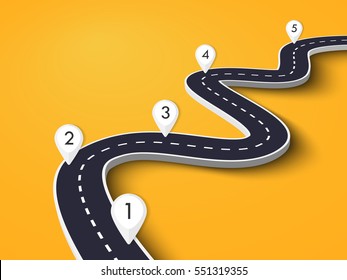 Winding Road on a Colorful Background. Road way location infographic template with pin pointer. Vector EPS 10