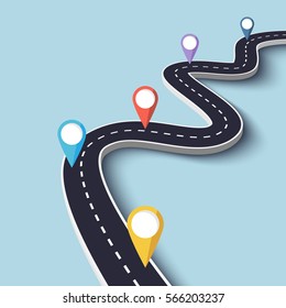 Winding Road on a Colorful Background. Road way location infographic template with pin pointer. Vector EPS 10