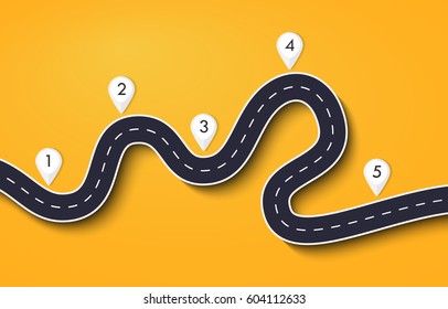 Winding Road on a Colorful Background. Road way location infographic template with pin pointer. Vector EPS 10