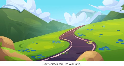 Winding road on mountain background. Vector cartoon illustration of curvy highway on green hill with grass and summer flowers, glacier on rocky peaks, fluffy clouds in blue sky, travel game backdrop