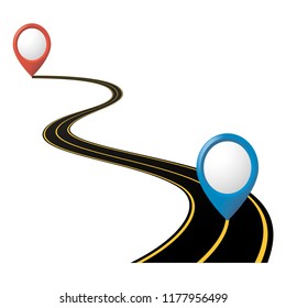 Winding Road on a White Isolated Background. Road way location infographic template with pin pointer. Vector EPS 10