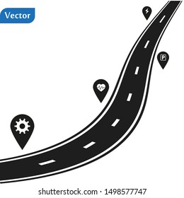 Winding Road on a White Isolated Background. Road way location infographic template with pin pointer. Vector EPS 10