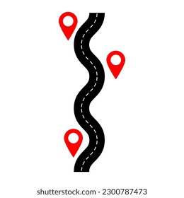 Winding Road on a White Isolated Background. Road way location infographic template with pin pointer. Vector illustration.