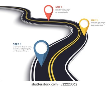 Winding Road on a White Isolated Background. Road way location infographic template with pin pointer. Vector EPS 10
