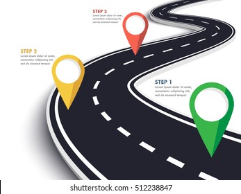 Winding Road on a White Isolated Background. Road way location infographic template with pin pointer. Vector EPS 10