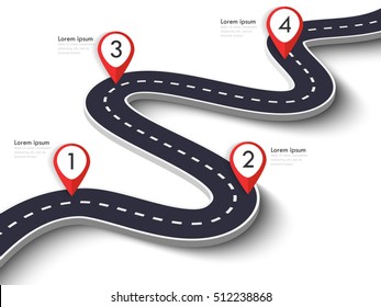 Winding Road on a White Isolated Background. Road way location infographic template with pin pointer. Vector EPS 10