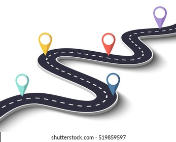 Winding Road on a White Isolated Background. Road way location infographic template with pin pointer. Vector EPS 10 - Shutterstock ID 519859597