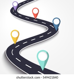 Winding Road on a White Isolated Background. Road way location infographic template with pin pointer. Vector EPS 10