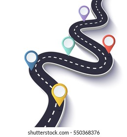 Winding Road on a White Isolated Background. Road way location infographic template with pin pointer. Vector EPS 10