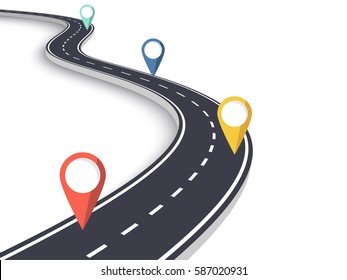 Winding Road on a White Isolated Background. Road way location infographic template with pin pointer. Vector EPS 10