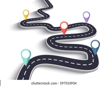 Winding Road on a White Isolated Background. Road way location infographic template with pin pointer. Vector EPS 10