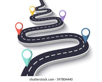 Winding Road on a White Isolated Background. Road way location infographic template with pin pointer. Vector EPS 10