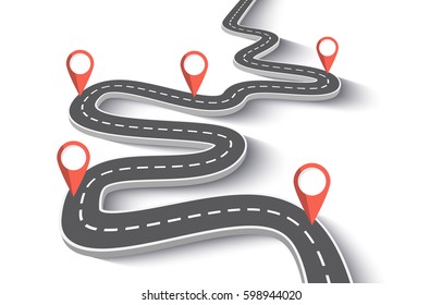 Winding Road on a White Isolated Background. Road way location infographic template with pin pointer. Vector EPS 10