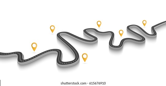 Winding Road on a White Isolated Background. Road way location infographic template with pin pointer. Vector EPS 10